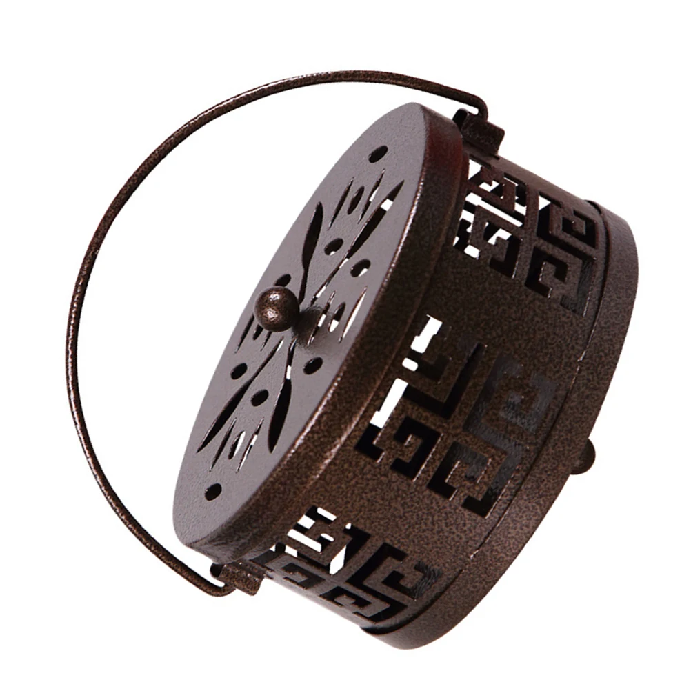 

Classic Iron Incense Holder Fireproof Portable Storage Box Heat Resistant Handle Lid Cover Home Decor Bronze Coil