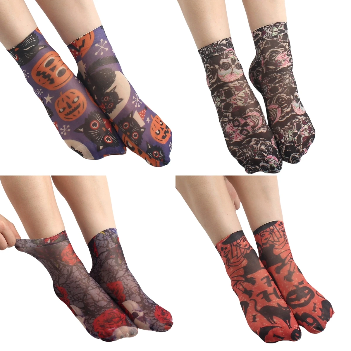 Calcetines tobilleros transparentes con estampado de Halloween para mujer y adolescente, calcetines tobilleros con estampado ultrapransparente para zapatos, talla europea 35-38 US 4-7 UK 2-5