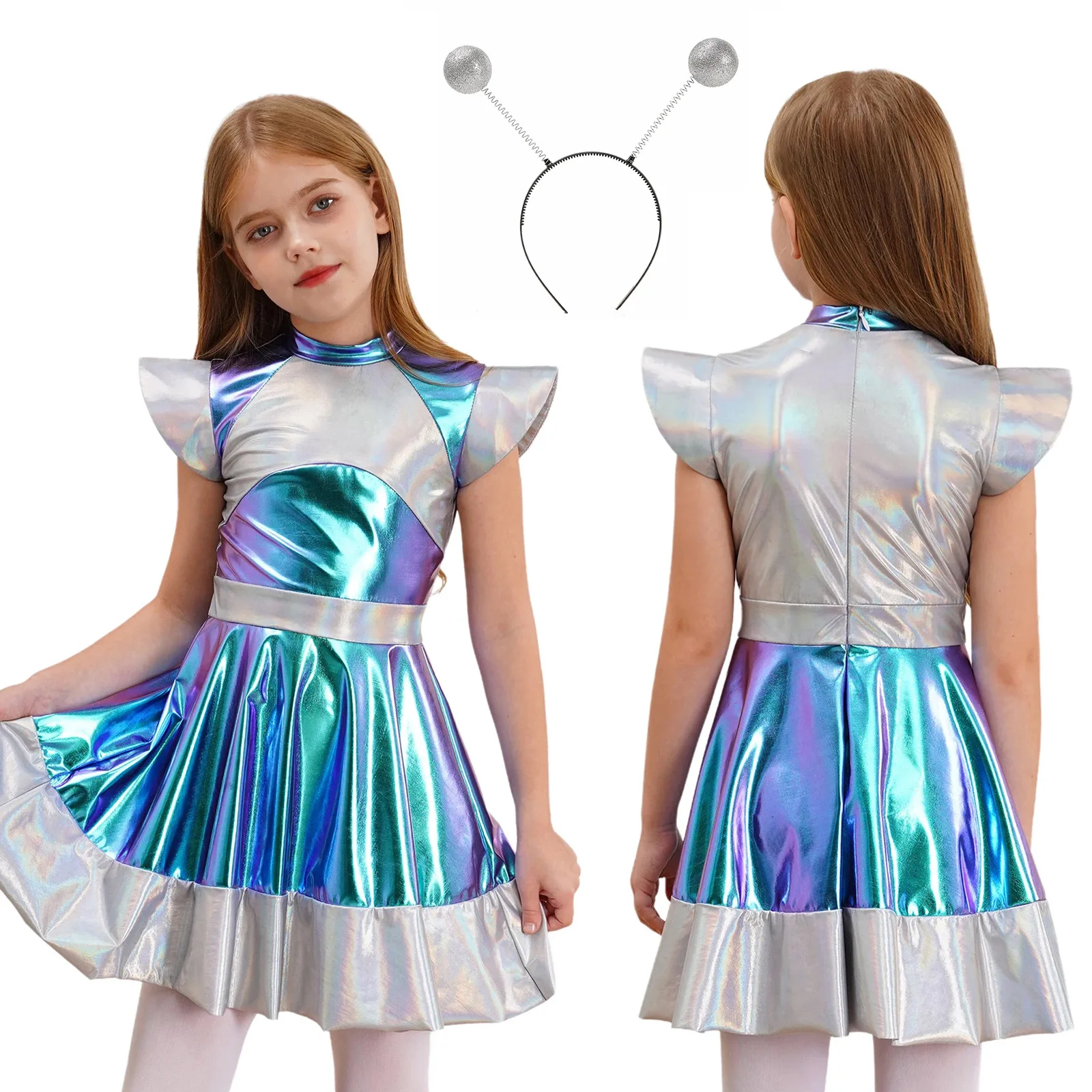 فتاة لامعة الغريبة الفضاء الخارجي زي الهالوين التأثيري فلينغ كم التدرجات ألف خط توتو فستان رقص عقال حفلة العالم