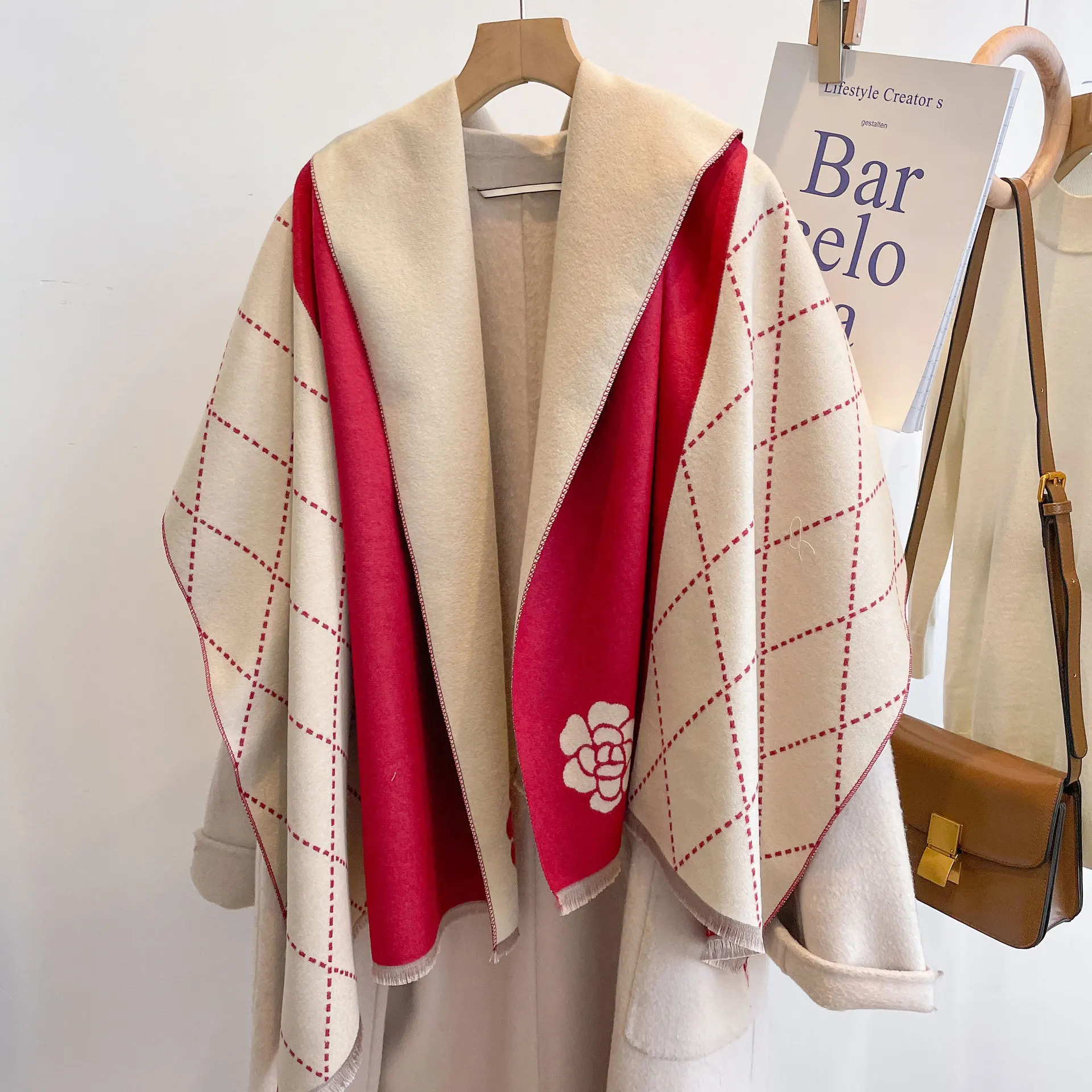 جديد مزدوج الوجهين كاميليا وشاح المرأة سميكة الاكريليك الصوف مثل شال التفاف شتاء دافئ الأوشحة الموضة الشعبية للنساء #5