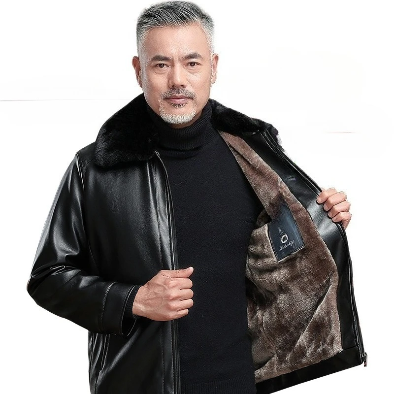 

Одежда для среднего и пожилого возраста, мужская флисовая меховая интегрированная модная деловая теплая мужская кожаная куртка из искусственной кожи среднего возраста на осень и зиму