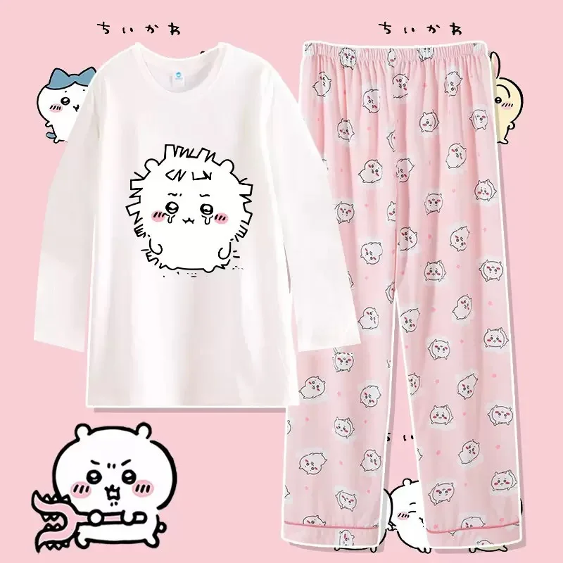 Anime Usag Hachiware Summer Thin Pajamas Round Neck Loose Long-Sleeved Shirt and Pants Cute Cartoon Pattern Household Clothes