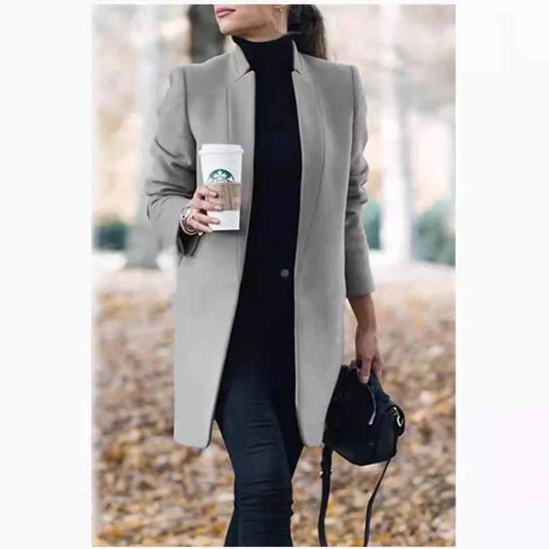 New Fashion Temperament Autumn Winter Elegant Coats for Women Solid Color Mandarin Collar Slim Fit Long Wool Blend Overcoat