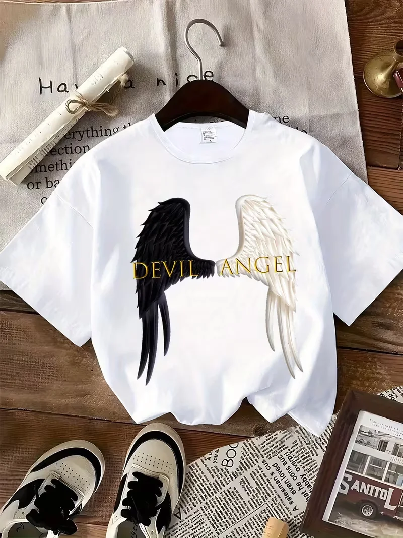Devil & Angel Wings & Protect Surround You Trust You're Safe Print Crew Neck T-shirt, Casual Fashion Short Sleeve T-shirt