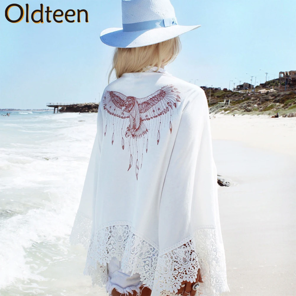 2022 Sexy Boho Cloak Bikini Cover-ups Transparent Lace Eagle Print Cloak Summer Beach Dress Women Beach wear Swim Suit Cover Up