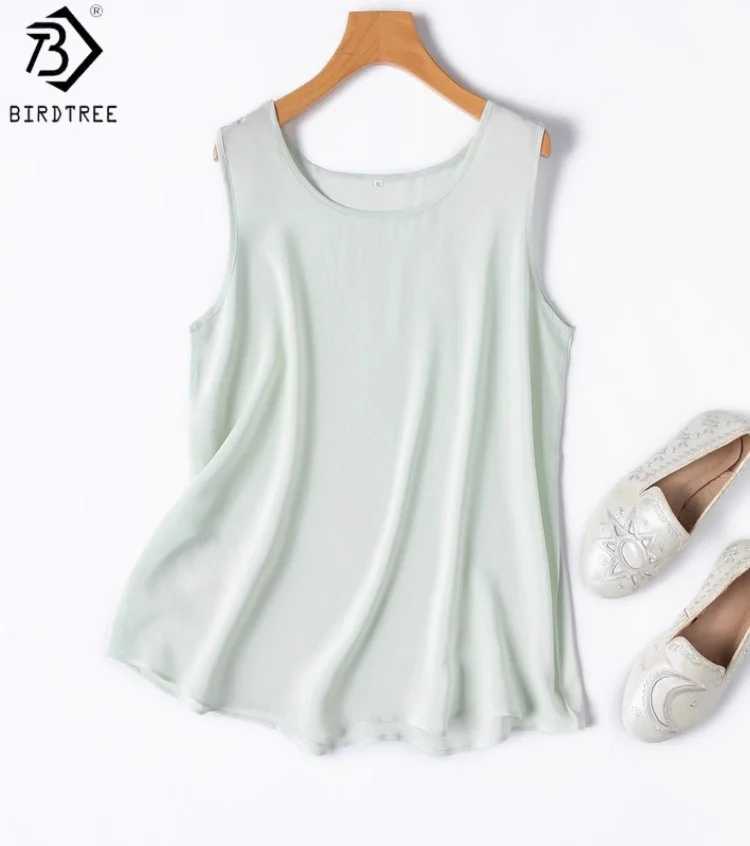 

Birdtree женский 100% тутовый шелк мятно-зеленый жилет, двойной креп с круглым вырезом без рукавов, тонкий стильный жилет на бретельках, новинка 2025 года T58317JF