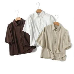 Women's French Flowy Shirt Lapel Short-sleeved Commuter Style Loose Blouse Dropped Shoulder Wide Sleeves Relaxed Cut Chic Shirts