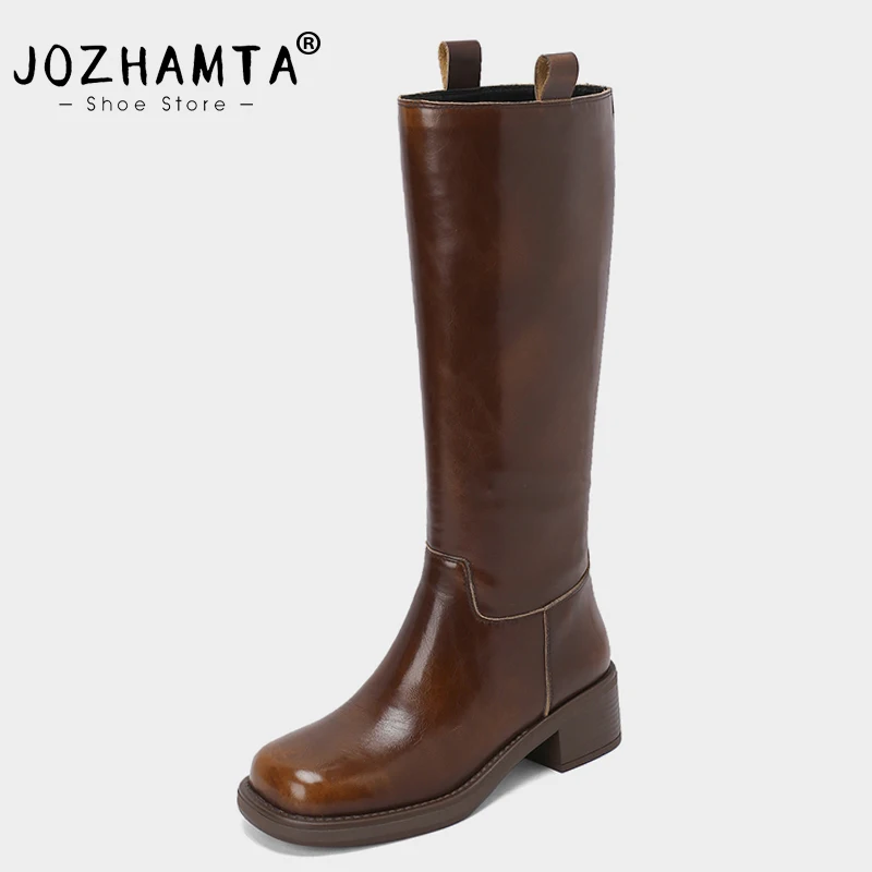 JOZHAMTA Size 34-42 Boots For Women Knee High Genuine Leather Retro Chunky Heels Winter Shoes Woman 2023 Fashion Brand Long Boot