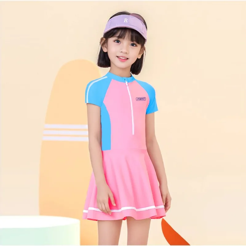 7-16Y Girls Swimsuit Jumpsuit Skirt Short Sleeved Beach Wear Quick-drying Children's Swimwear