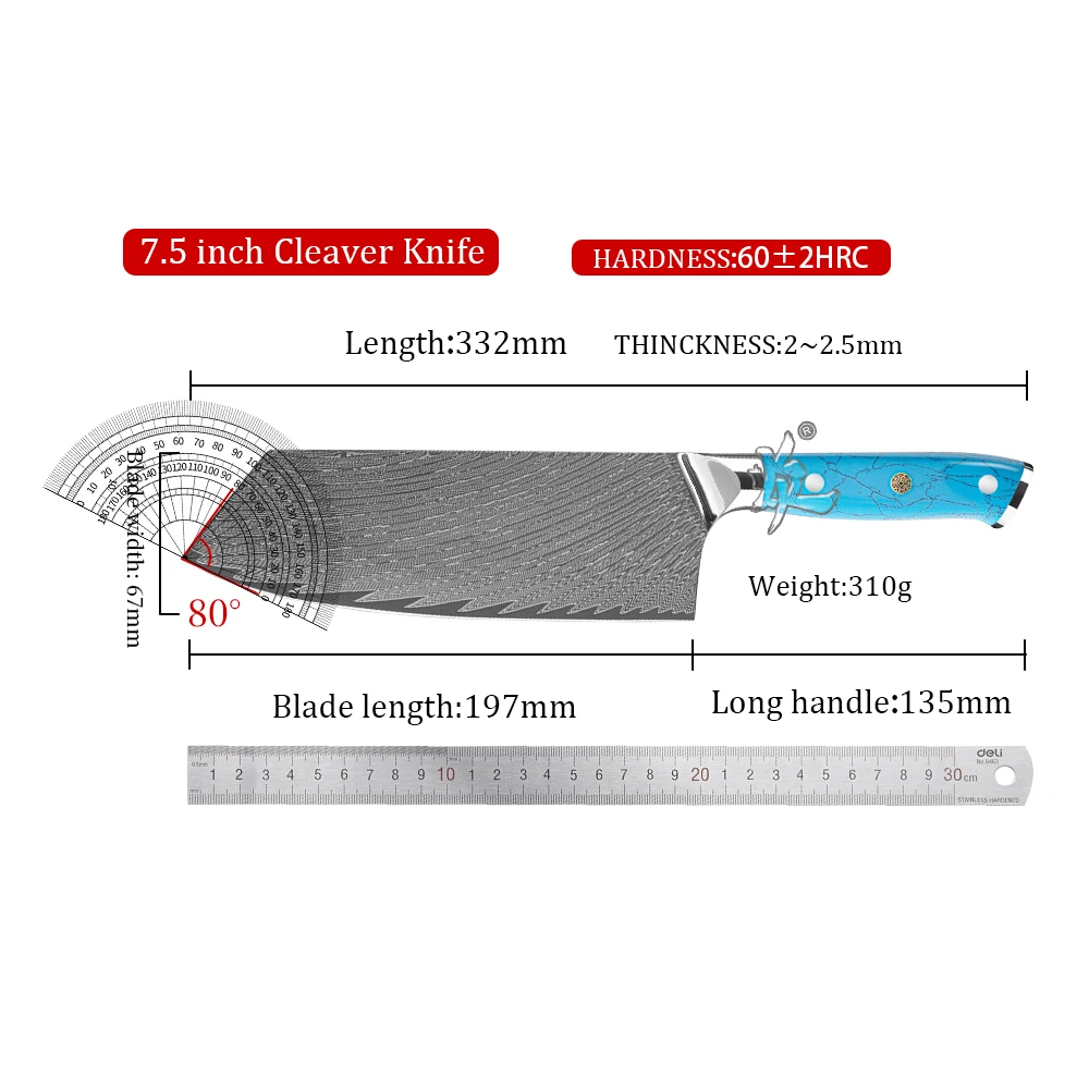 YAN Professional Damascus Steel Chef Knife AUS-10 Core Japanese 7.5 Inch Cleaver Kitchen Knives Blue Turquoise Resin Handle