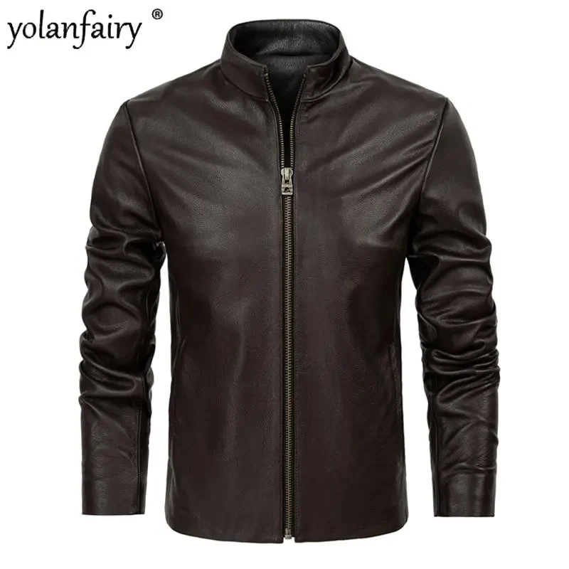 YOLANFAIRY 6XL Spring Pure Cowhide 100% Genuine Leather Coat Men's Short Stand Collar Leather Jacket Male Simple Casual Coats FY