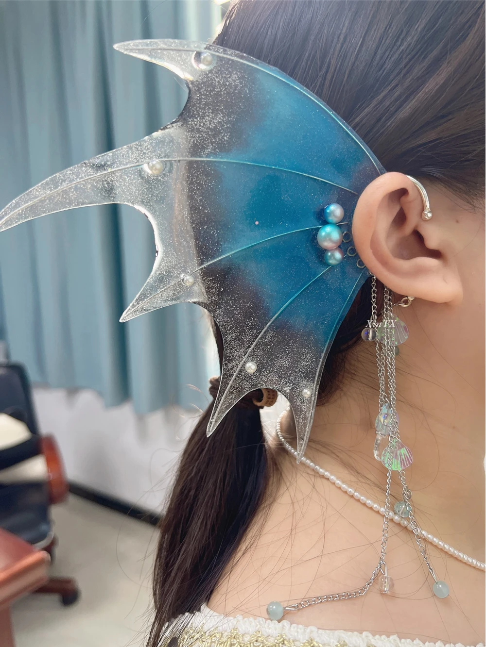 Mermaid Earrings Elf Ear Cuffs Dangling Wing and Shell Tassels Gradient Colors Perfect for Parties Cosplay and Photo Shoots