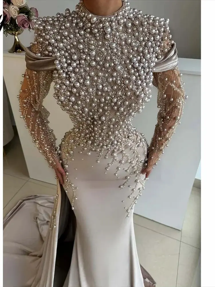 Jirocum Light Beige Satin فساتين السهرة High - Neckline Party Dresses Pearl - Embellished and Mesh - Sleeve Mermaid