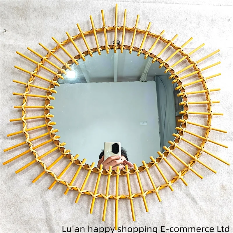 Handmade Rattan Wall Mounted Makeup Mirror Bohemian Art Decor Vanity Mirror for Home Hotel Daily Use