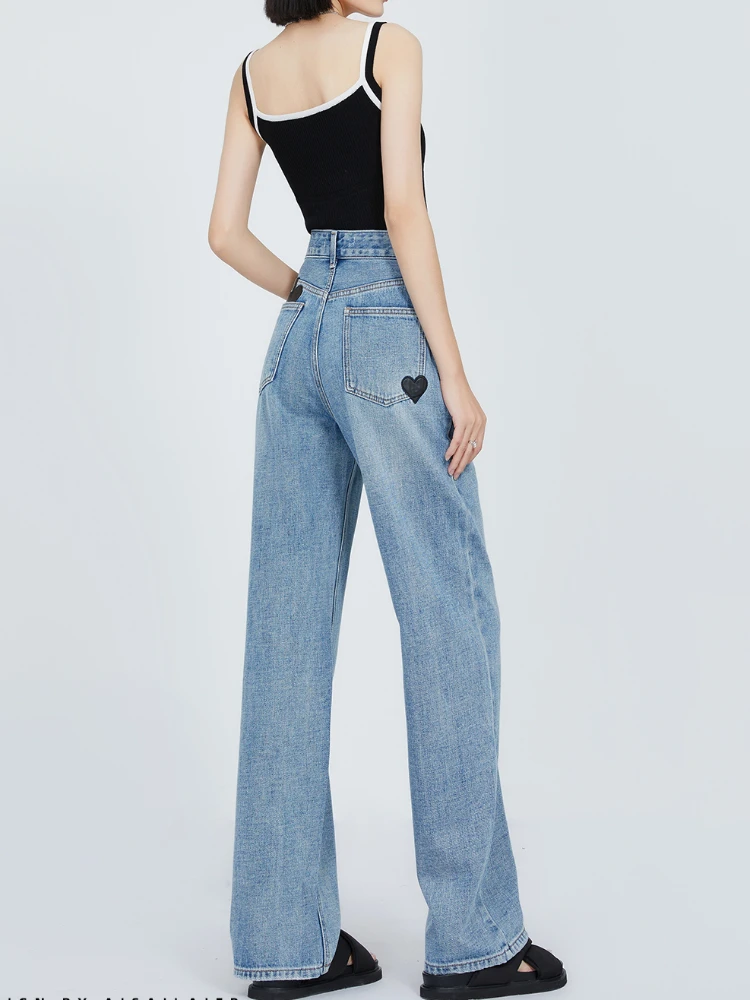 Stickerei Jeans mit weitem Bein Frauen asymmetrischen japanischen Stil lose fest gewaschen gebleicht in voller Länge High Street täglich elegant