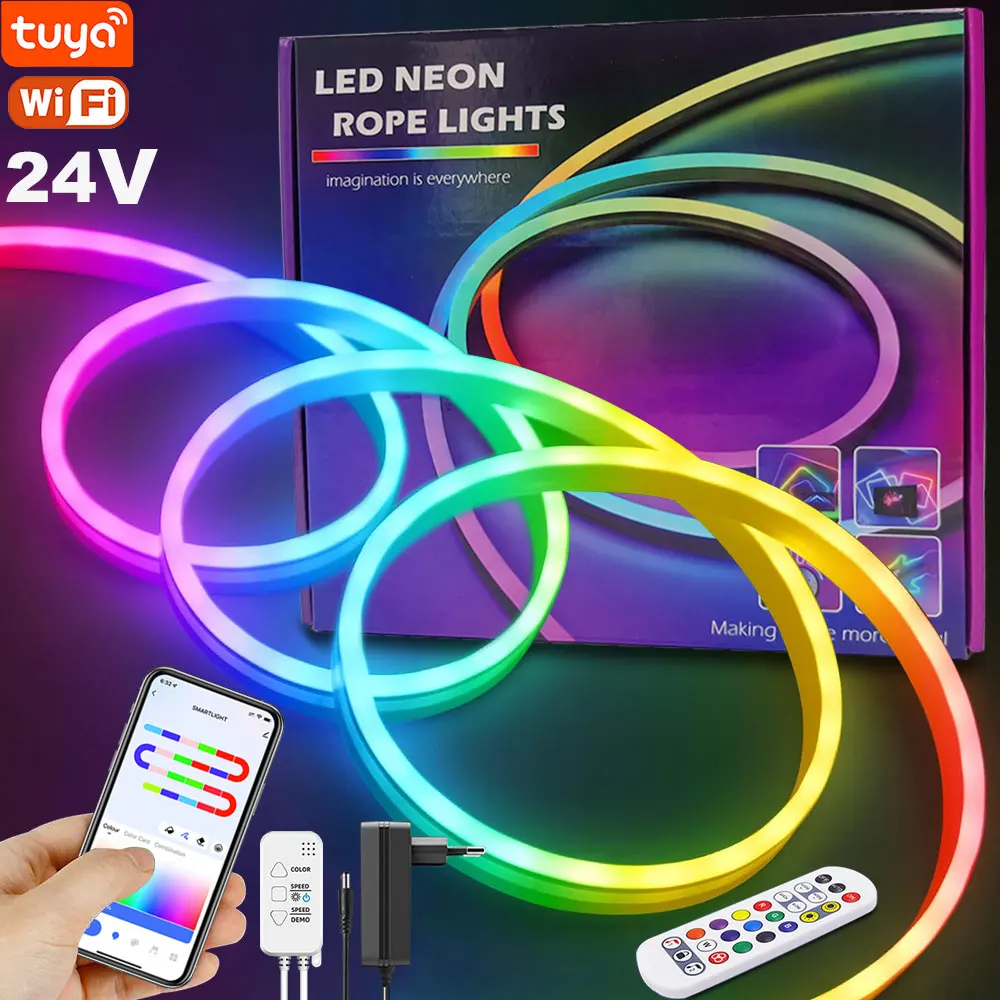 

Светодиодная неоновая лента TUYA 5-24В, силиконовая, 84 LED/м, с синхронизацией музыки, RGBIC, эффект «бегущей волны» Dreamcolor, для комнаты