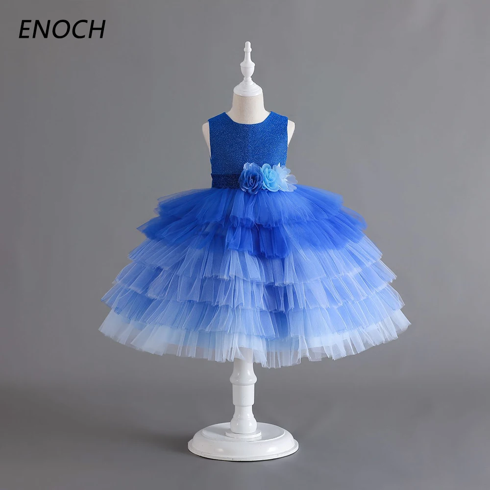 ENOCH Gradual Fluffy Yarn Flower Girl Dress O-Neck Sleeveless Knee Length Zipper Back Birthday Wedding Princess Gown Vestidos