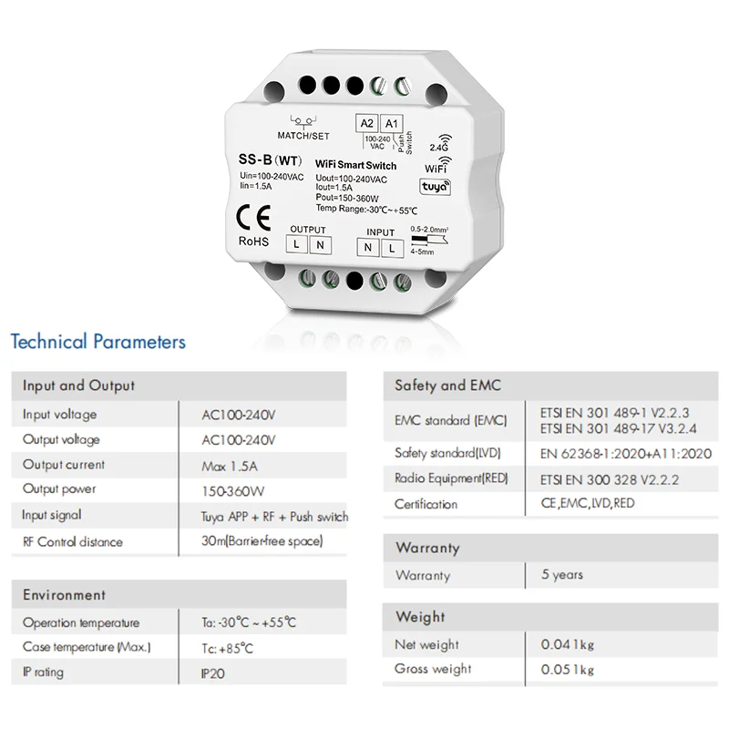 SS-B(WT) WiFi RF 2.4G Dimming AC100-240V TUYA Voice Control AC Switch Push onoff Wall Junction Box Mounting Smart Switch