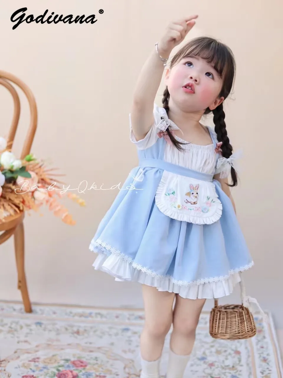 Sweet Baby Girls Summer New Blue Princess Dress and Shorts Set Kids Cute Cartoon Print Puff Sleeve Ruffle Trim Bow Casual Dress