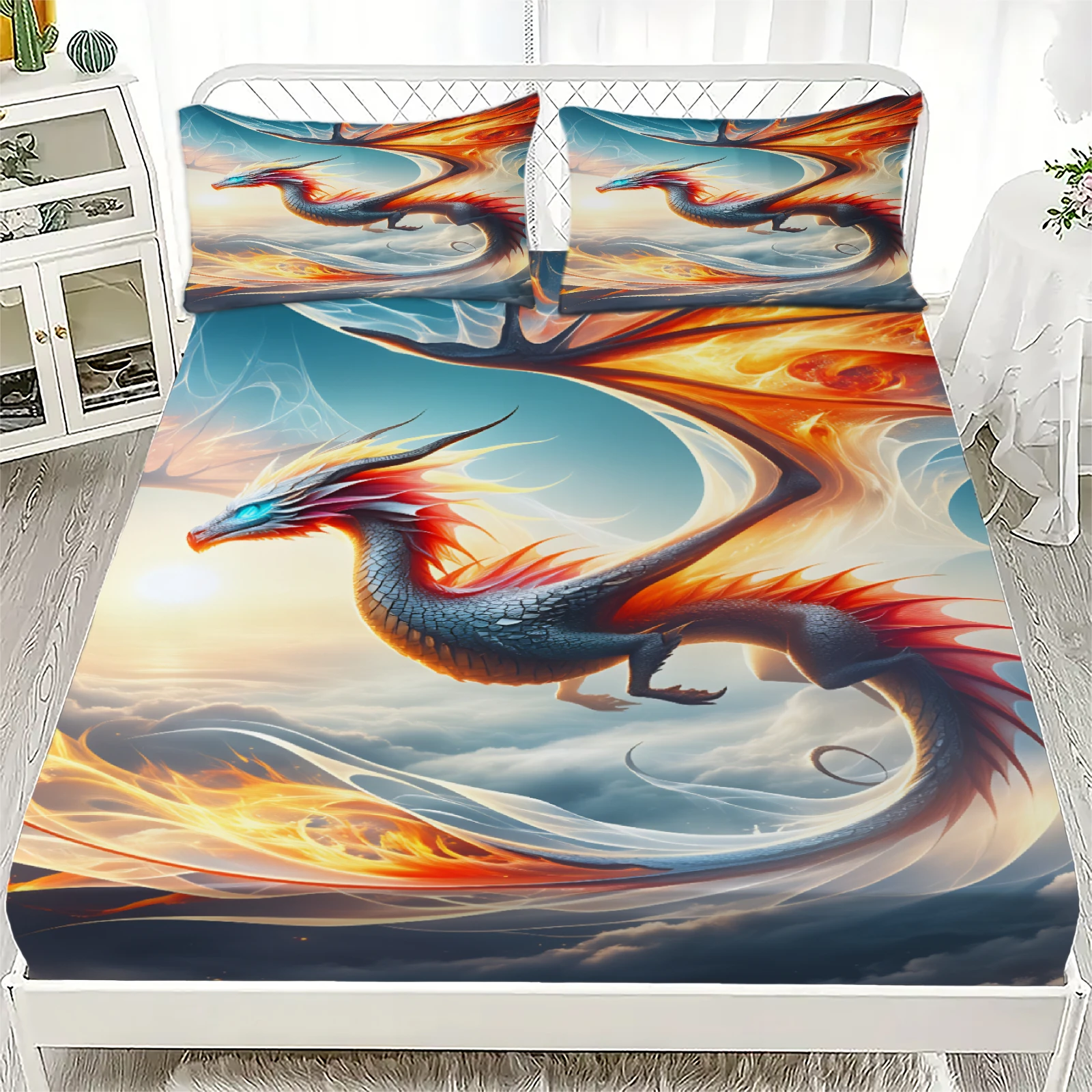 

3pcs Fitted Sheet Set Dragon 3D Printed Fantasy Dragon Breathable Anti-Slip Bed Sheet With Pillowcases For Bedroom Decor