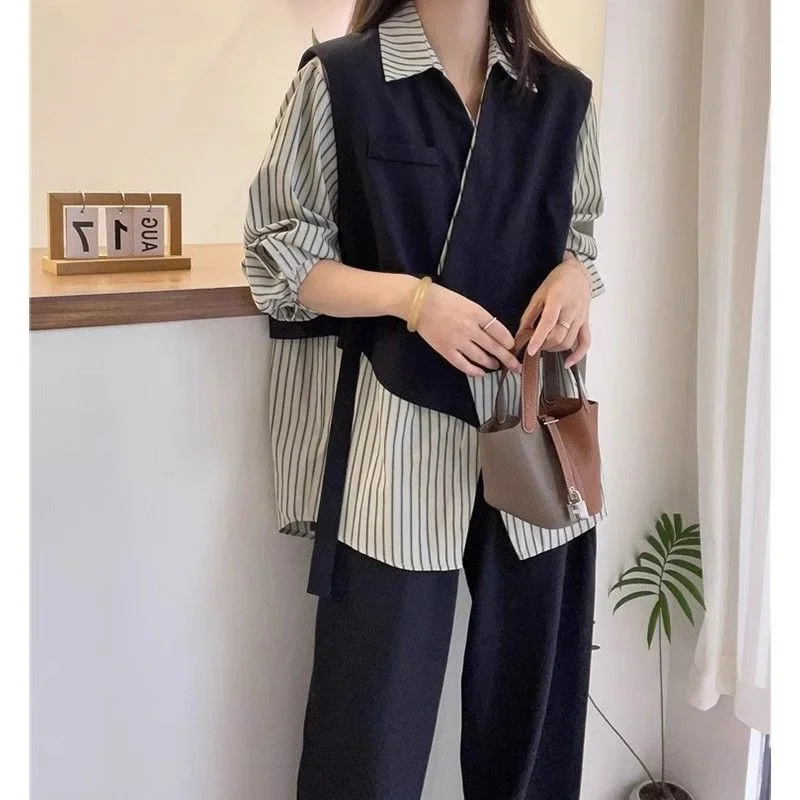 

plus Size Women's irt Striped Patchwork Loose Fit Spring Autumn Commute Sle Fake Two-Piece And Pear Body pe