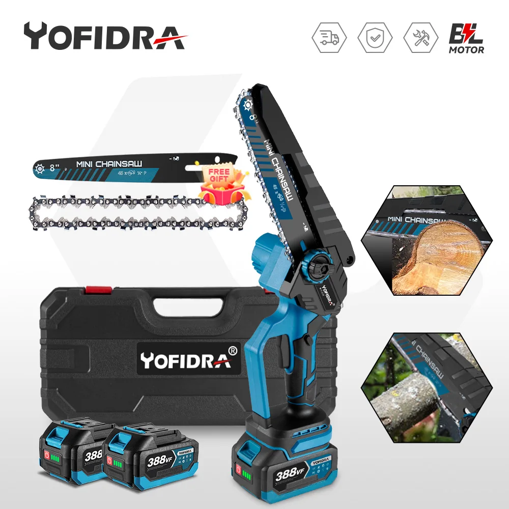 YOFIDRA 8 Inch Brushless Electric Chainsaw Cordless Woodworking Pruning Saw Garden Cutting Power Tool For Makita 18V Battery