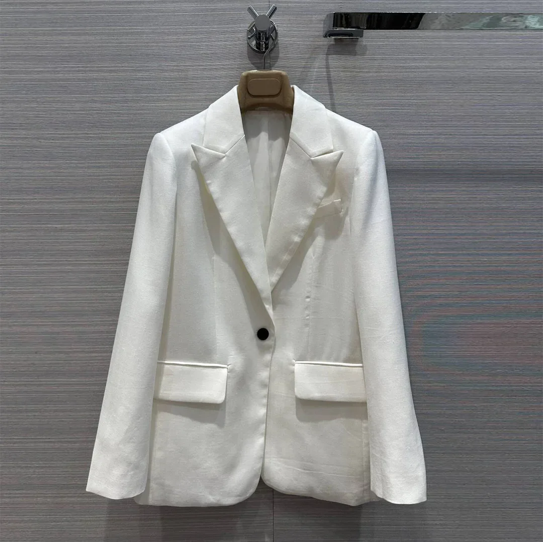 2024 New Fashion Cotton Linen Blazer Suit Women Notched Single Button Long Sleeve White Color Elegant Breif Chic Jacket