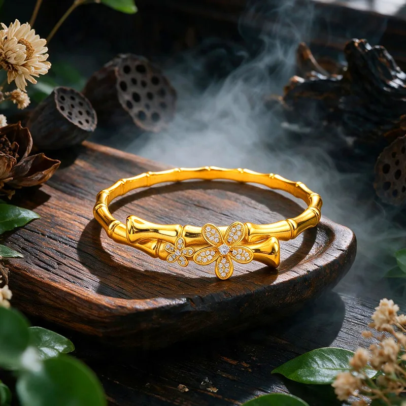 Luxury 9999 24K Real Gold Diamond-encrusted Flower Glossy Bamboo Bracelet with Dotted Diamonds Rising Steadily Gift Girlfriend