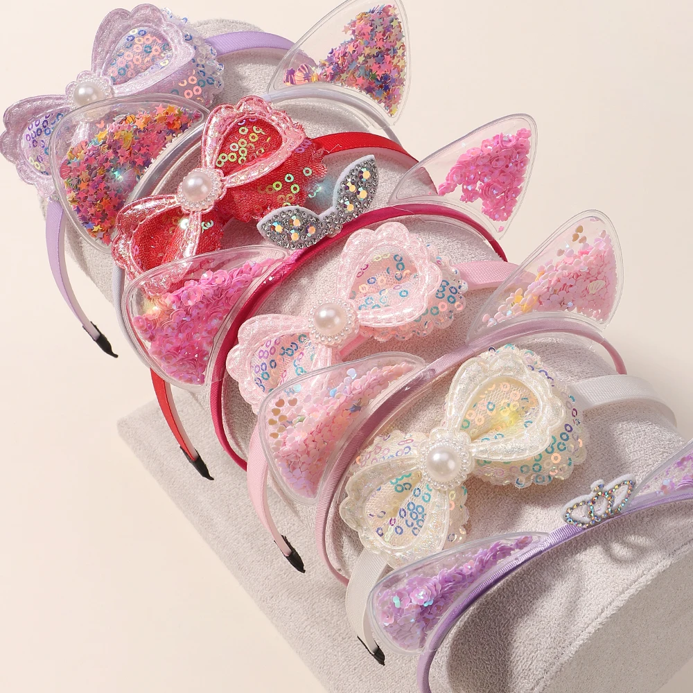 2pcs/lot Girls Head Band Hair Hoop Lovely Party Sequin Bowknot Hairband Transparent Ear Crown Flowing Sand Headband for Children