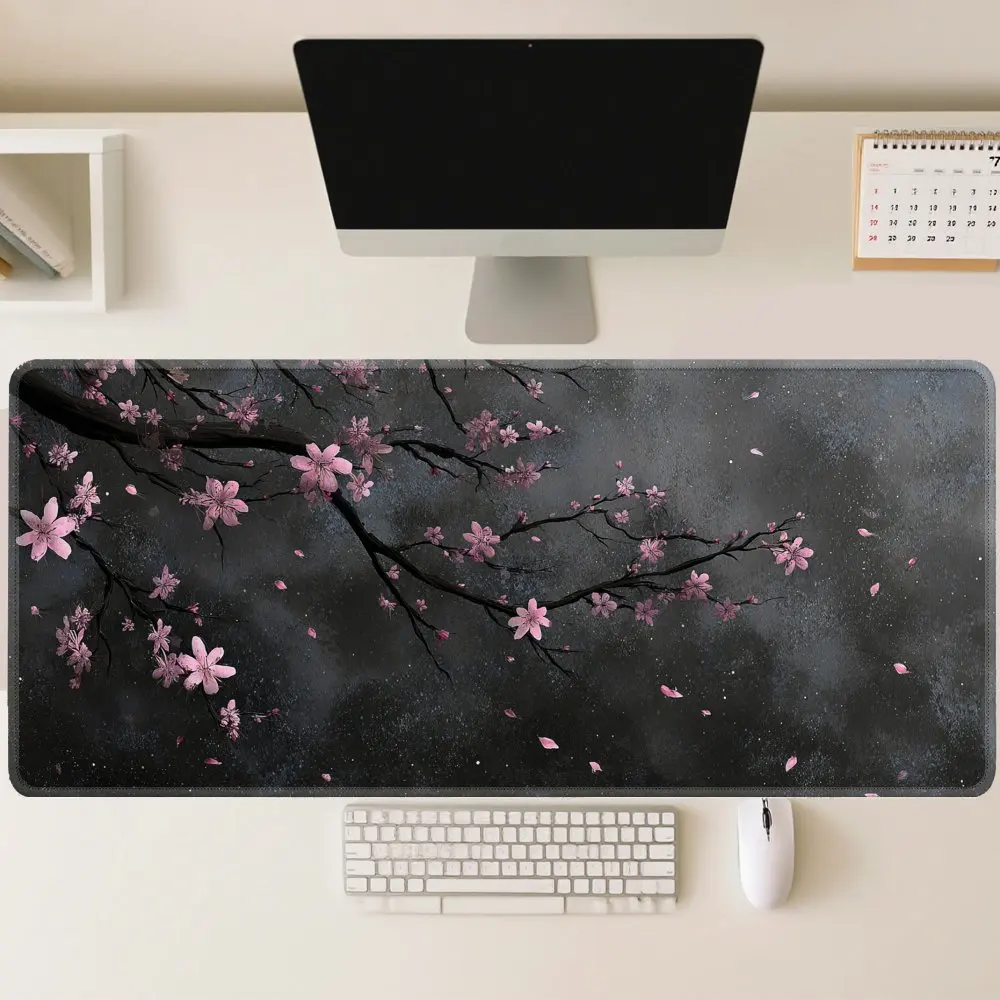 Dark Cherry Blossom Gaming Mouse Pad, Large Non-Slip Desk Mat with Moody Black Background & Pink Sakura Branches