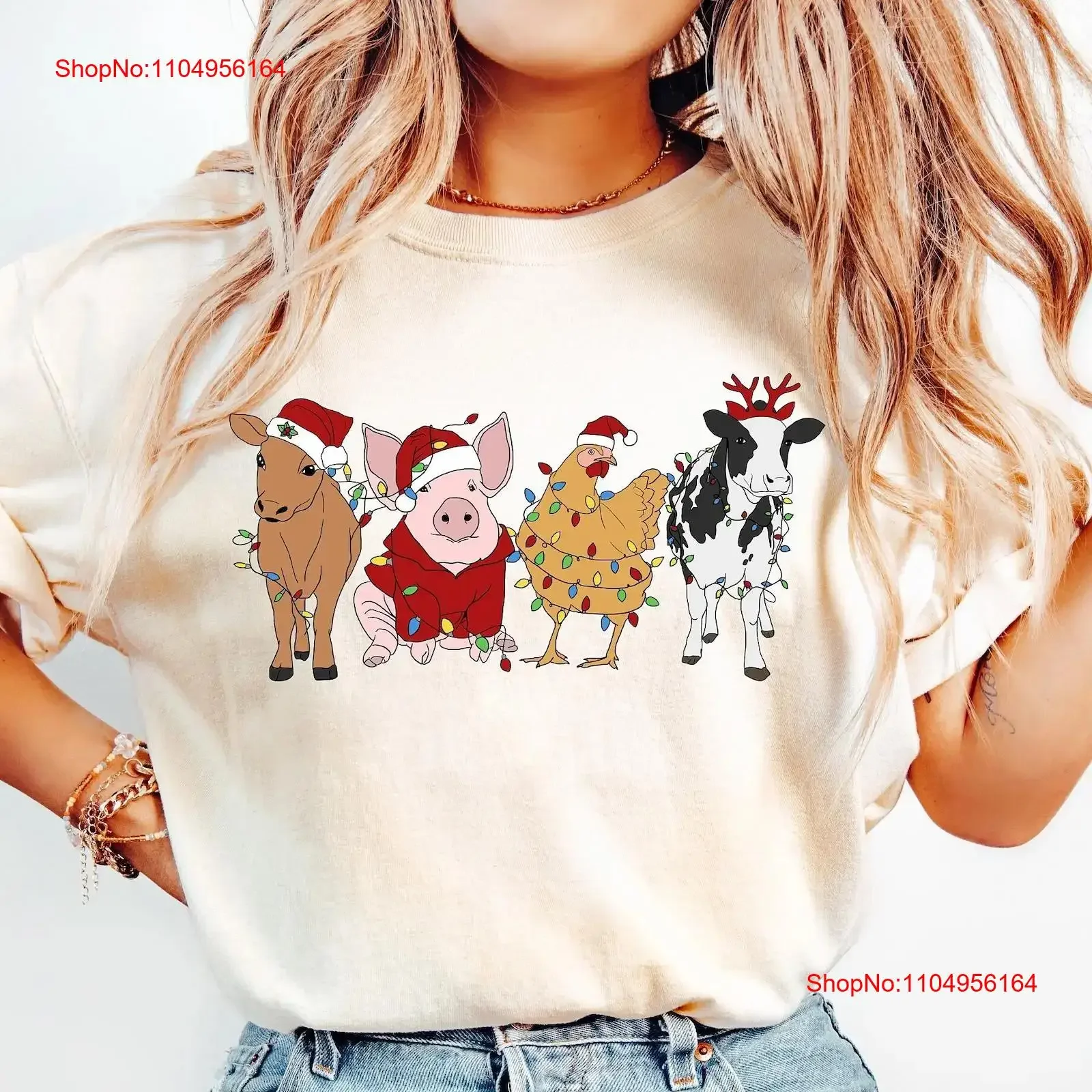

Christmas Farm Animals T Shirt Cute Chicken Cow Pig Goat Holiday Trendy Santa Hat Animal Farmer Duck Goose Sheep Holidays