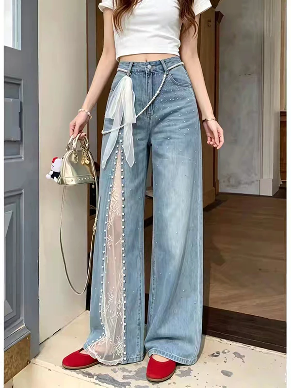 

Korean Style Lace Splicing Pearl Wide Leg Jeans Women Summer New High Waist Slimming Casual Straight Leg Long Pants
