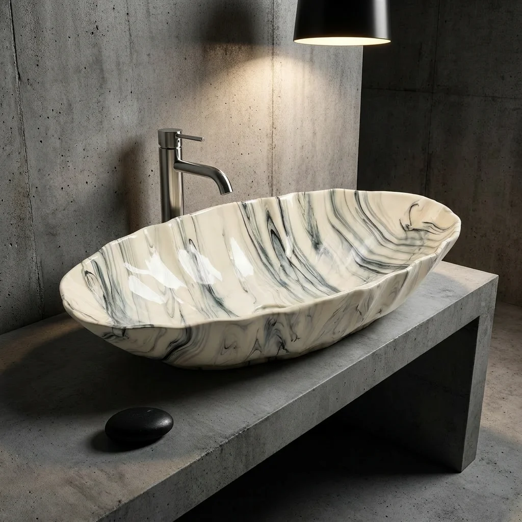 R*# Modern Farmhouse Diamond Grain Relief Gray Marble Ceramic Art Basin with Drainer for Bathroom Countertop Sinks