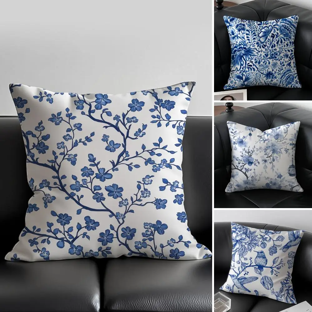 Blue and White Porcelain Traditional Art Cushion Cover Pillow Case Anti-dustmite Invisible zipper silky plush cushion