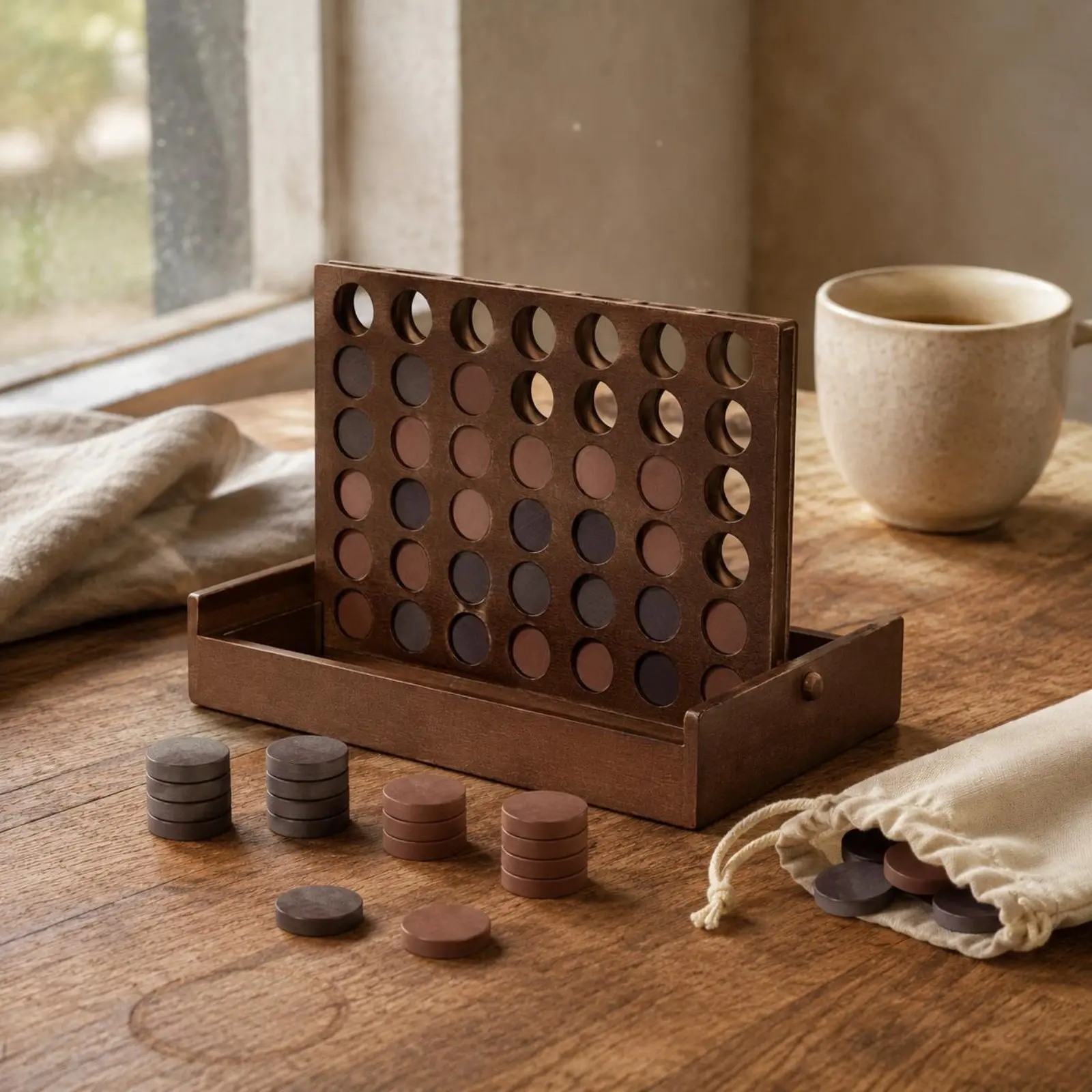 Wooden Four in a Row Game Parent-Child Interaction Wooden Connect 4 Game Educational 2 Player for Families, Family Time, Home