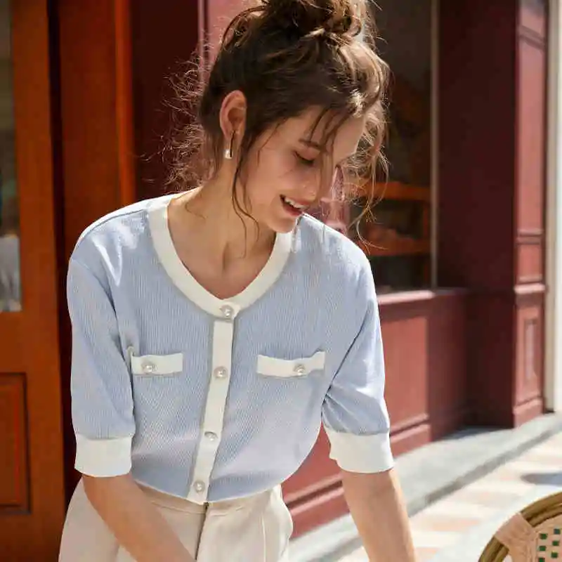 

OLrain Spliced Women Cardigan 2025 Summer Knitwear Straight Round Neck Short Sleeve Chic Single Breasted CommuteTops N56QM53236