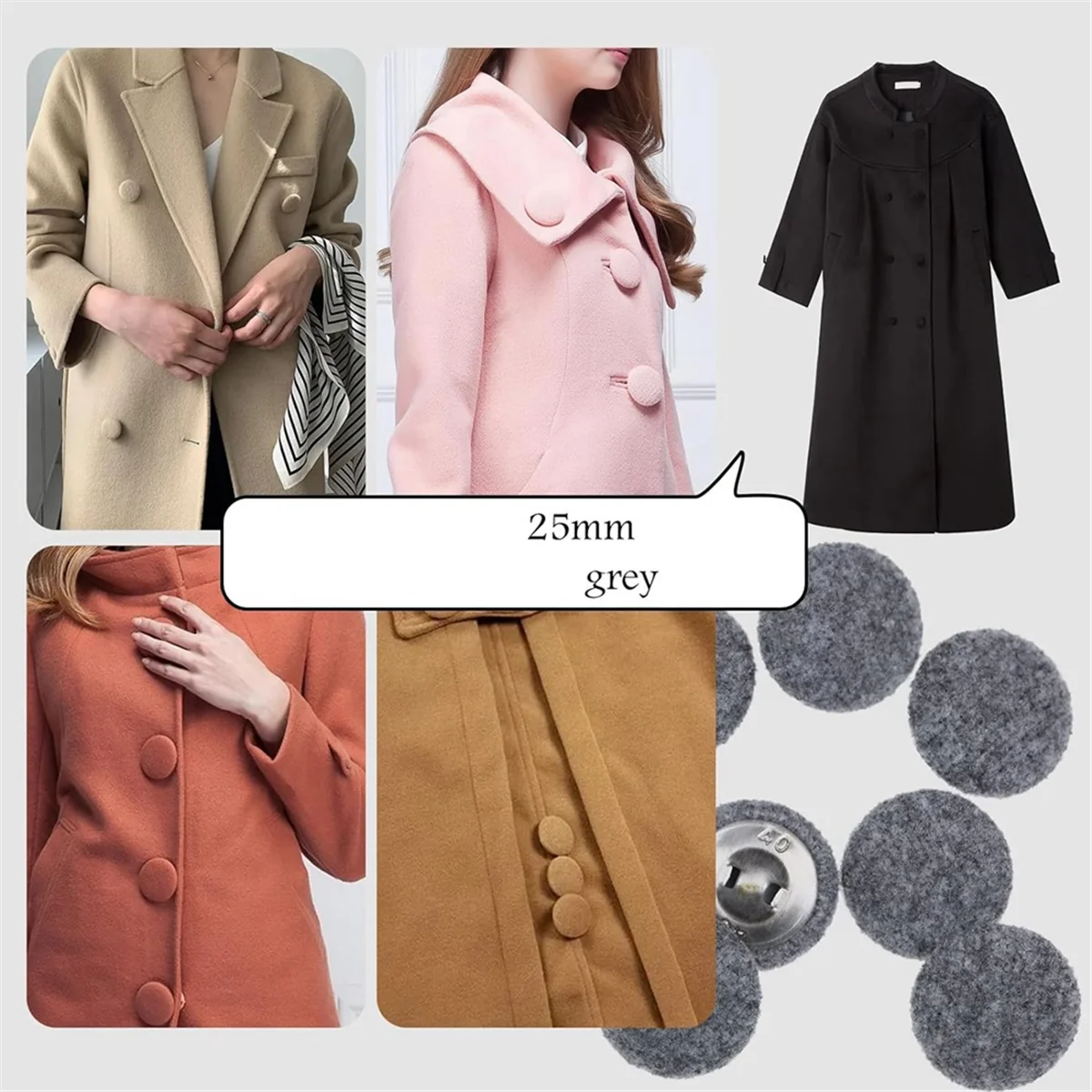 10 Stück Stoff Stoff bedeckt Knöpfe mit Metall knöpfen für Anzüge Kleider Blusen Pullover Stoff knöpfe grau 25mm