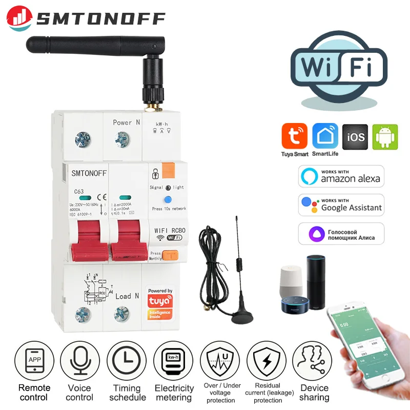 Interruptor inteligente WiFi RS485 2p RCBO, medidor prepago, temporizador, voltaje, Protector de corriente, Control por voz, Alexa, Google Alice