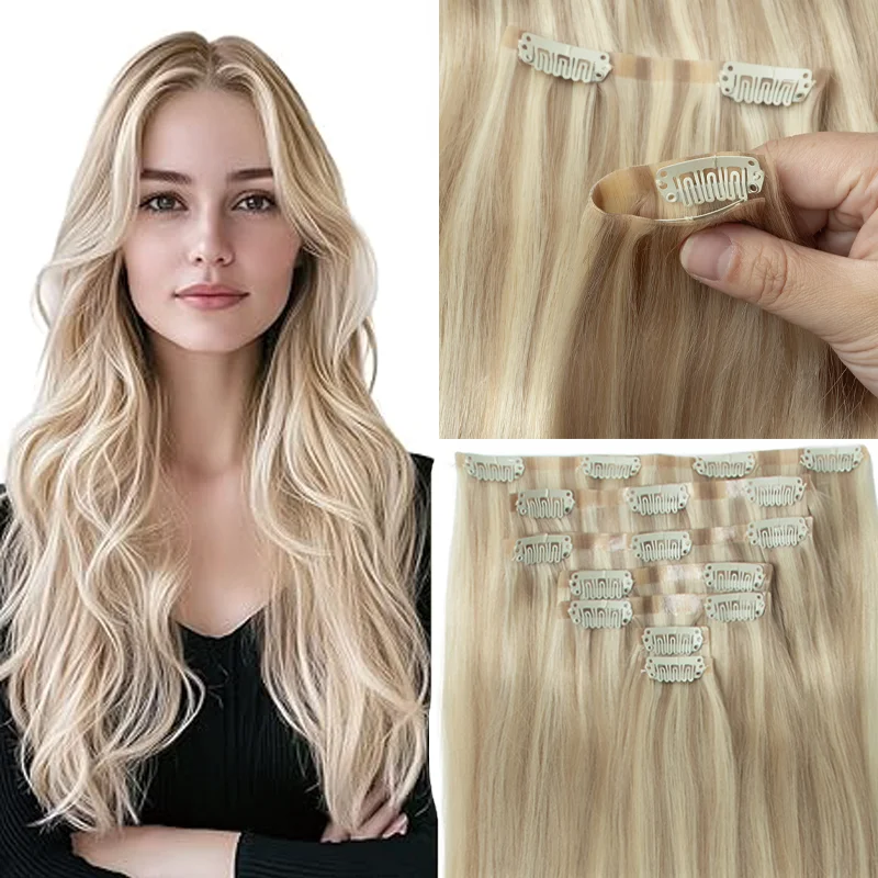 

Injected PU Tape Weft Clip In Hair Extensions Breathable Invisible PU Clip On Human Hair 110G 120G for Women Daily Wear