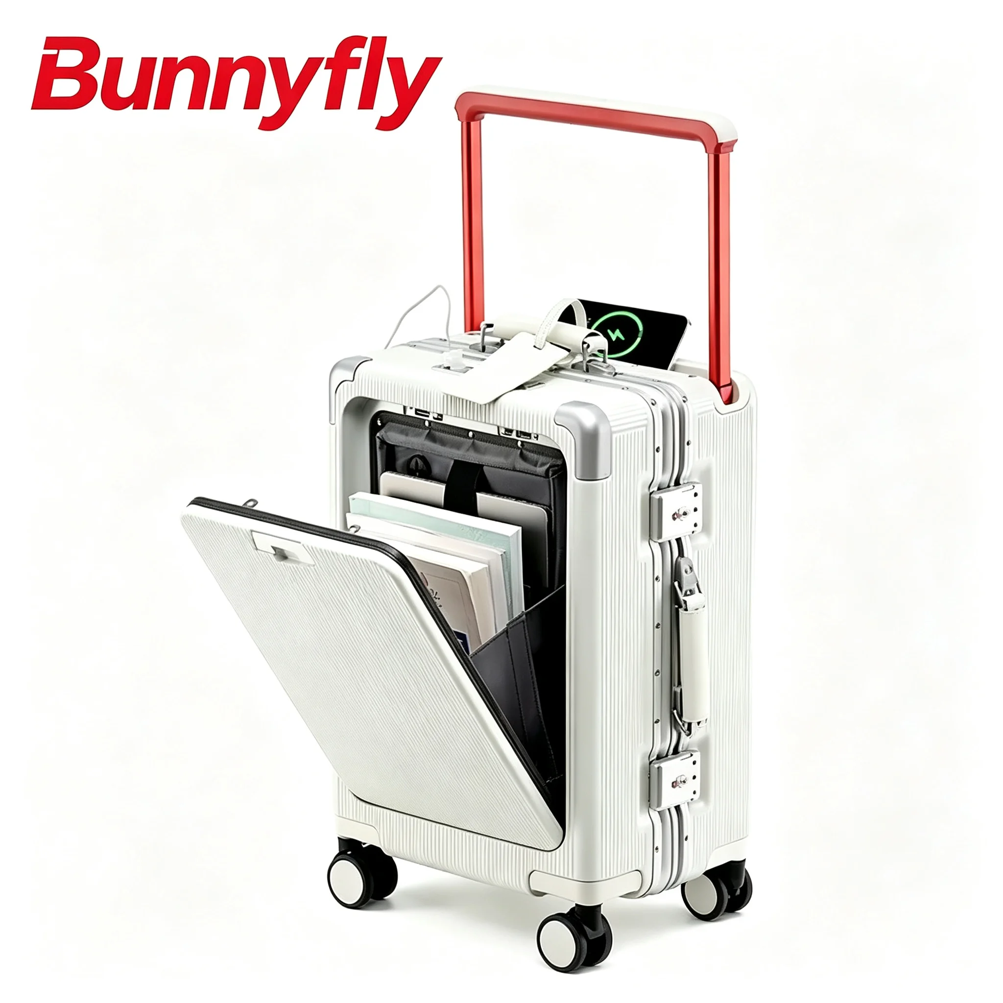 Bunnyfly Front Opening Suitcase Wide Handle Trolley Travel Rolling Luggage with Aluminum frame TSA Lock USB Port 20/24/26inch