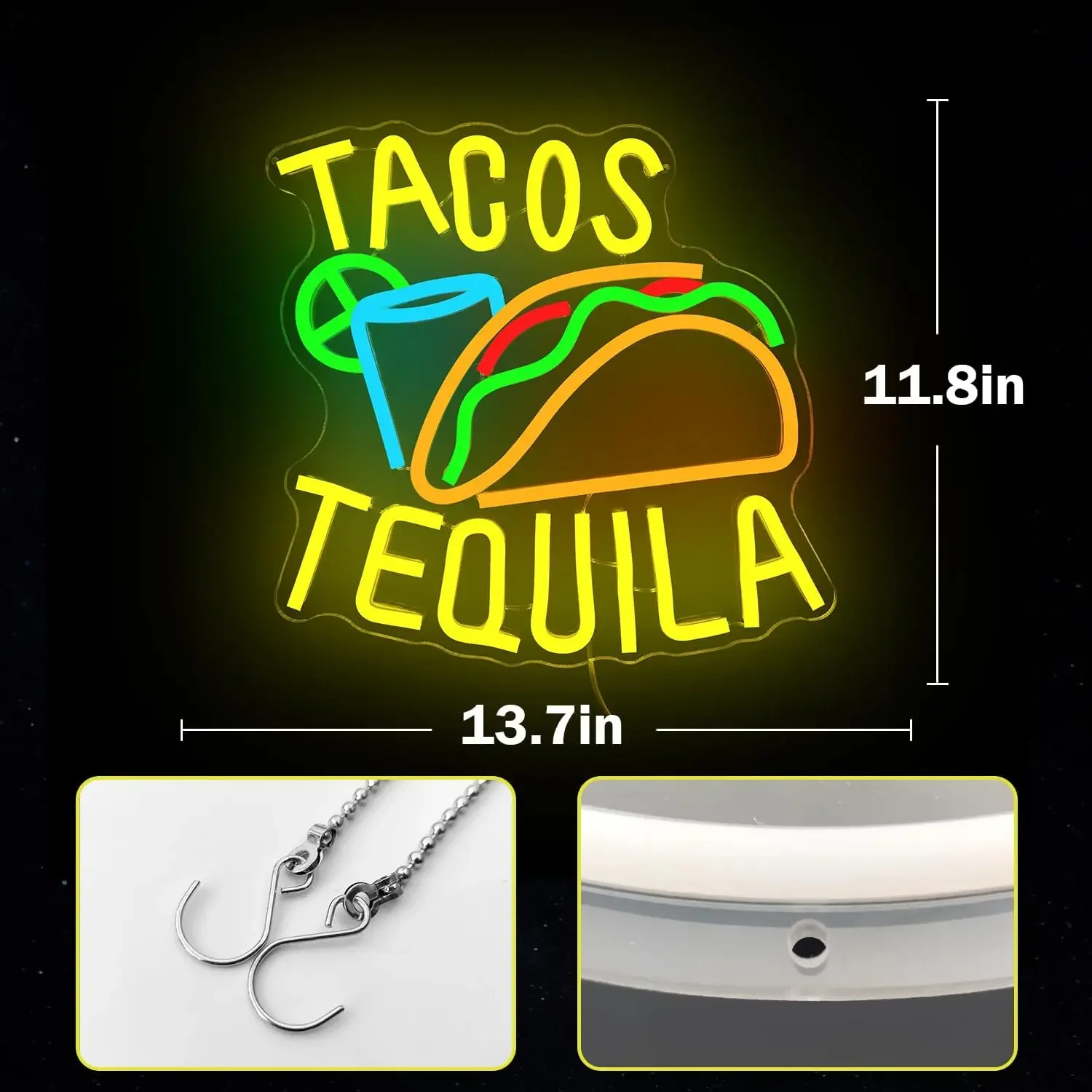 Tacos Tequila Neon Sign LED Wall Art USB Powered Acrylic Taco Glow Lamp Mexican Fiesta Kitchen Bar Cart Party Dining Decor