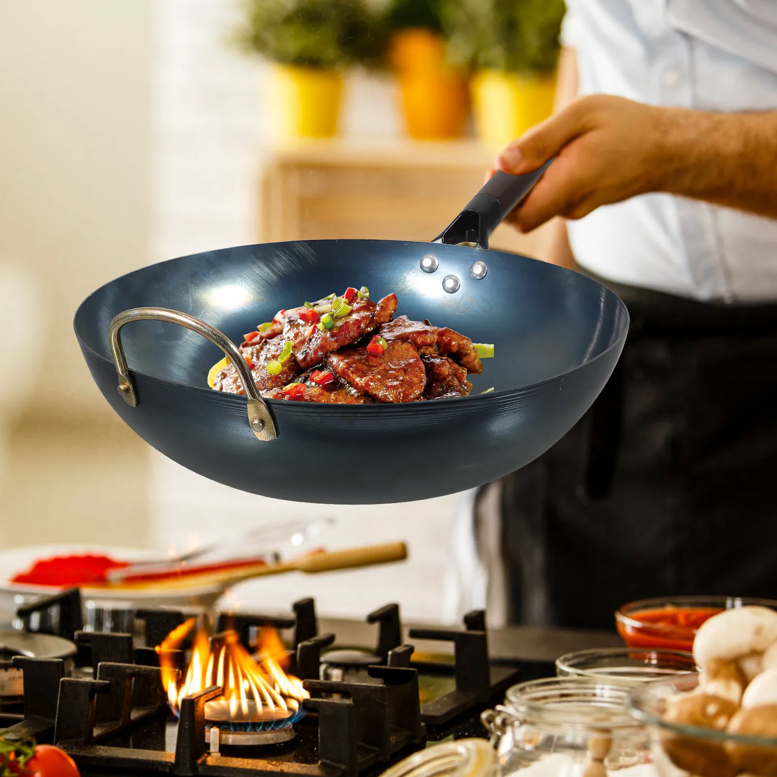 Heavy Duty Traditional Chinese Wok Pan with Wooden Handle Flat Bottom Iron Frying Pan Multi Function Cookware for Home Outdoor