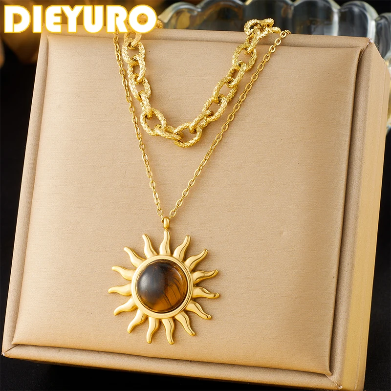 DIEYURO 316L Edelstahl Sonne Tigerauge Anhänger Doppel-schicht Halskette Für Frauen Neue Trend Hals Kette Wasserdicht Schmuck geschenk