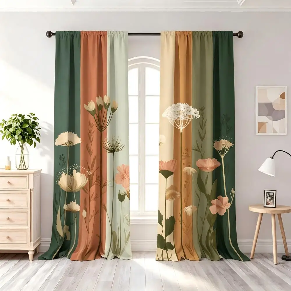 2PCS Minimalist Curtains, Morandi Stripe Wildflower, Digital Print, Bedroom Living Room, Rod Pocket Polyester, Home Decor