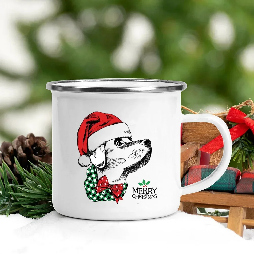 Handle Enamel Mugs Santa Hat Animal Dog Cat Print Creative Coffee Cup Christmas Party Drink Wine Beer Juice Milk Cups Xmas Gifts