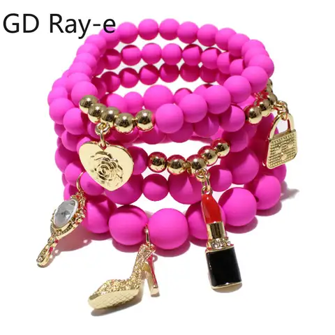 Pulseras elásticas de cuentas acrílicas de múltiples capas para mujer, brazaletes bohemios, colgante de bolso y lápiz labial, joyería