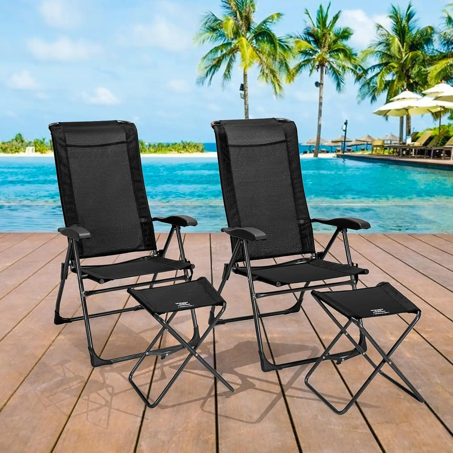 Giantex 4 Pcs Folding Patio Chairs Set 2 Pack Patio Dining Chairs With Footrest Portable Sling Chairs Camping Lawn Chairs With