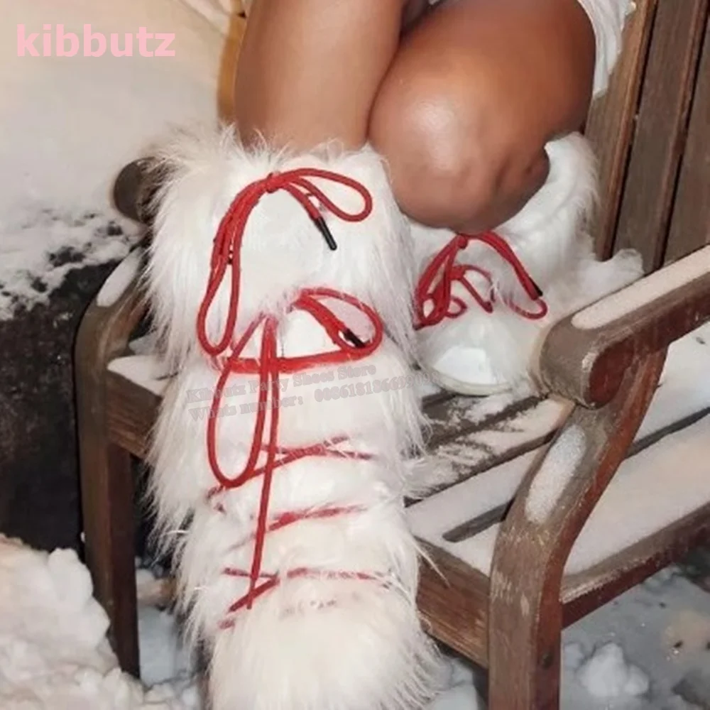 

Furry Mid Calf Snow Boots Height Increasing Round Toe Lace-Up Solid Color White Winter Warm Fashion Concise Women Shoes Newest