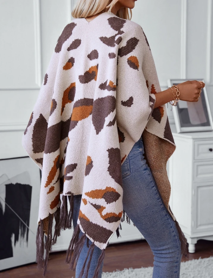 Winter Coats Woman 2024 Color Blocking Leopard Print Knitted Fringe Cape Shawl Luxury Woman Poncho