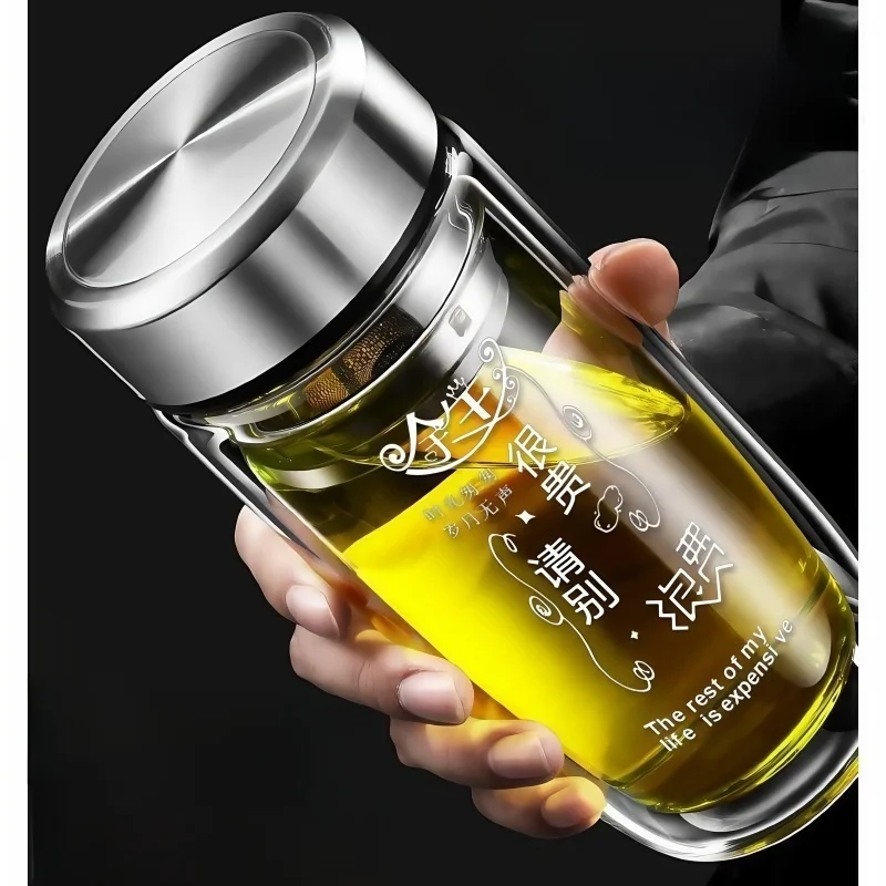 

Tempered Glass Cup Double Layer Hollow Unbreakable Insulated Water Tea Separation Men's 2025 Anti Fall High Temperature Resis...